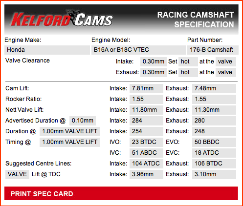 Kelford camshafts Honda Bseries ultimate Stage 1 performance 176-B - Image 2
