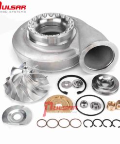 Pulsar – Dual Ball Bearing Turbocharger – This DIY upgrade kit is designed for any Borg Warner S400 turbos with a compressor wheel smaller than 80mm, with this kit you can upgrade your turbo to a billet wheel 480. It comes with a 7+7 blades 80mm billet compressor wheel in which the compressor flow is rated at 120 lb/min. If you have a 96*88mm turbine wheel, the capabilities ranging will be from 750 to 1250 horsepower., The only thing you need to do is to open the pocket for the larger compressor wheel exducer on your bearing housing to a diameter of 114.5mm. You will perfectly upgrade your current 400 series turbo to a billet 480., The rebuild kit comes in this DIY kit has a 360 degree CNC machined brass thrust bearing, it helps the turbo to handle more thrust force for better durability. The staggered step gap seal rings will reduce oil blow-by of the seals.