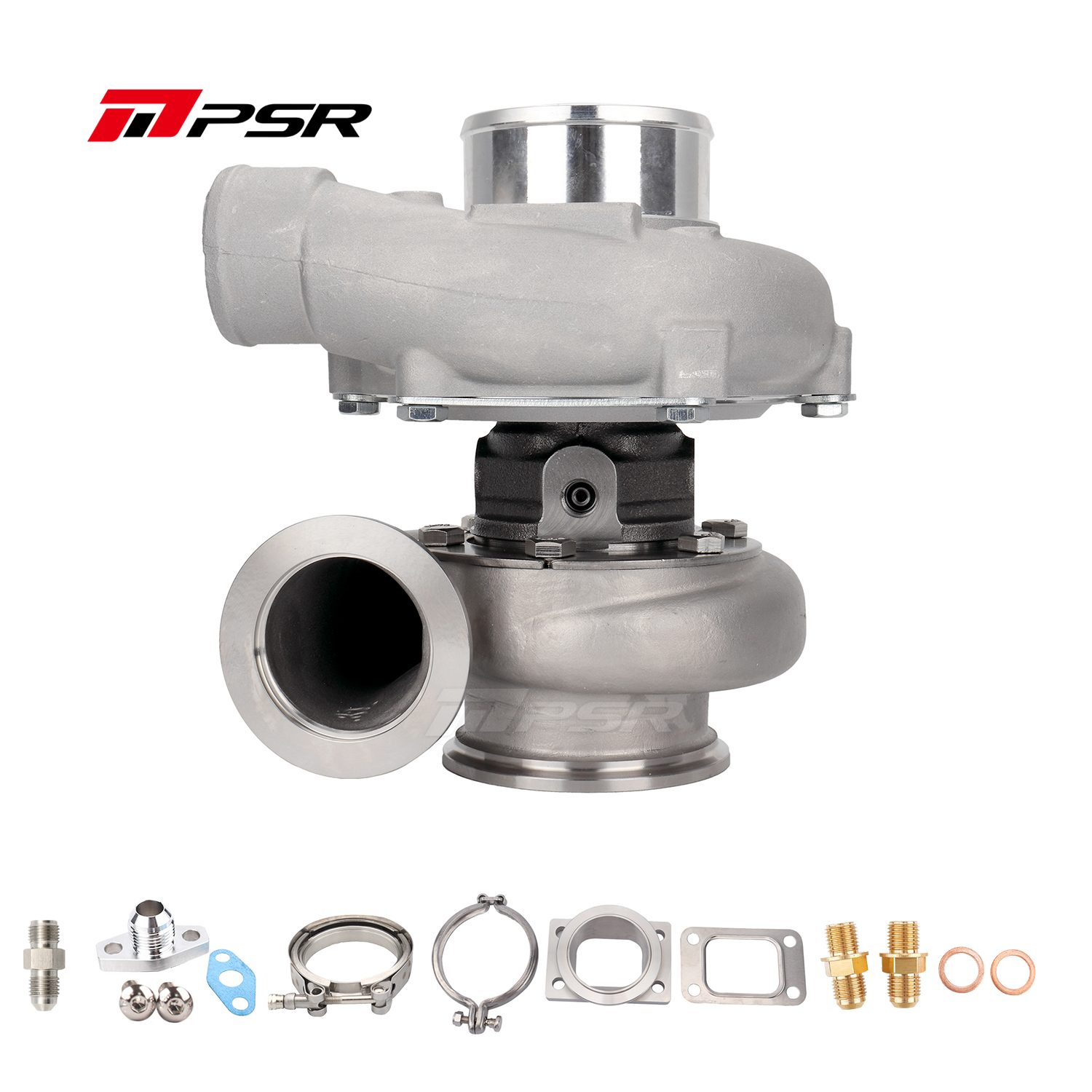 PSR3576 Compact Dual Ball Bearing Turbocharger - STAINLESS STEEL V-BAND INLET, V-BAND OUTLET, 1.03A/R + T3 Adapter